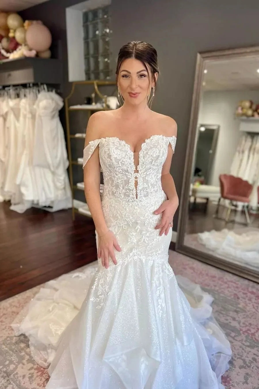 Luolandi Mermaid Wedding Dress Off The Shouder Tulle Appliques Bridal Dress Sexy Elegant