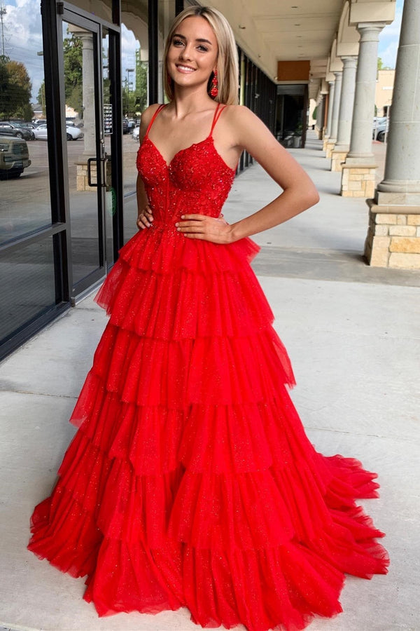 Luolandi Tiered Ruffle Appliques Corset Long Prom Dress with Spaghetti Straps Beautiful