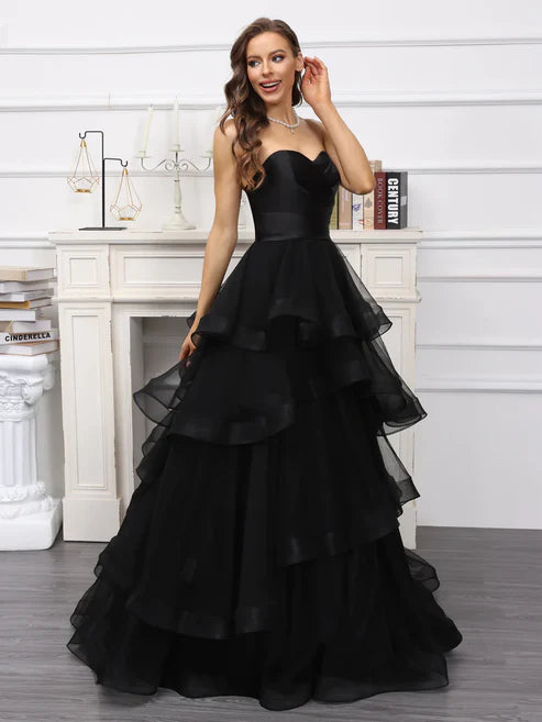 Luolandi A-Line/Princess Sweetheart Long Tulle Dresses With Ruffles Off Shoulder Black Evening Dress Without Gloves