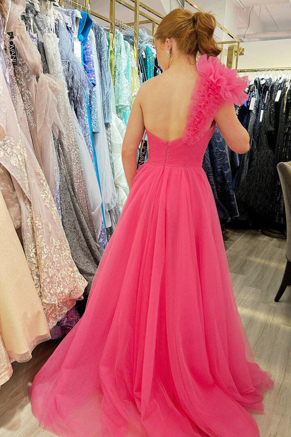 Luolandi A-Line One Shoulder Long Tulle Prom Dress with Ruffles Floor Length Sexy With Slit