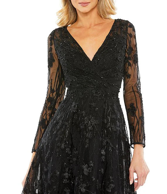 Luolandi V-Neck Embellished Floral Mesh Midi Dress Long Sleeves A-Line Cocktail Dresses Sparkly Mother of the Bride Dress