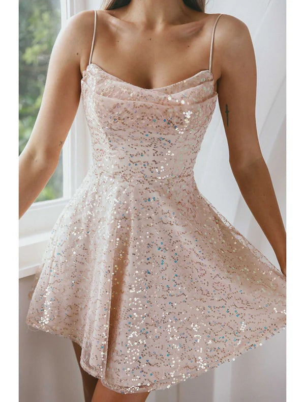 Luolandi A-Line Homecoming Dresses Sparkle & Shine Dress Party Wear Cocktail Party Short / Mini Sleeveless Spaghetti Strap Pink Dress Sequined