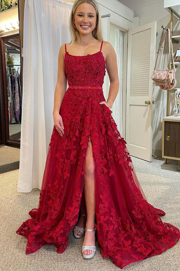 Luolandi Cute A Line Scoop Neck Red Lace Prom Dresses with Beading And Slit