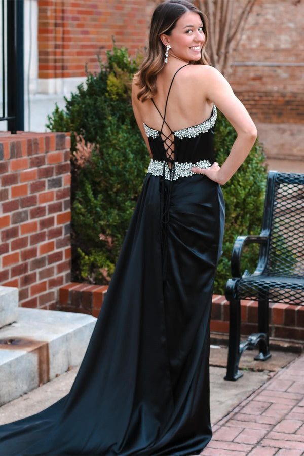 Luolandi Black Rhinestone V-Neck Long Formal Dress with Attached Train Sexy Evening Dress