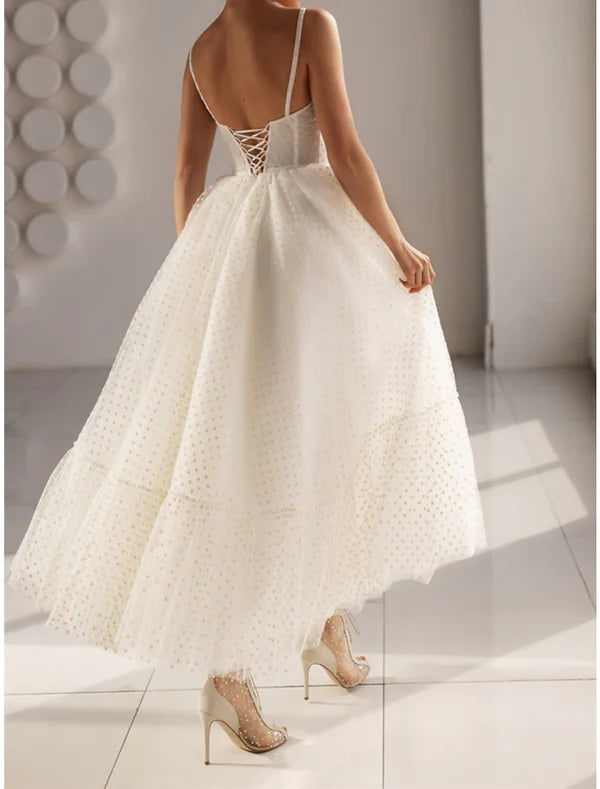 Luolandi Reception Little Dresses Wedding Dresses A-Line Sweetheart Camisole Spaghetti Strap Ankle Length Tulle Bridal Gowns