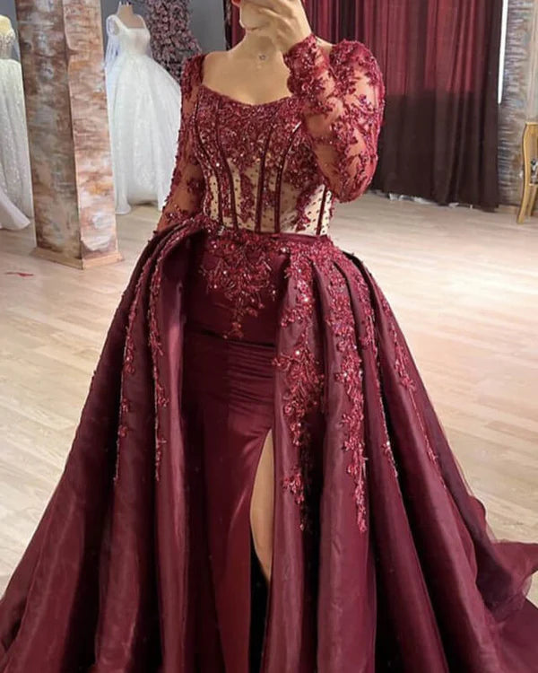 Luolandi Charming Mermaid Sheer Lace Sleeve Satin Split Dress Ball Gown Prom Dress Chic Evening Dress