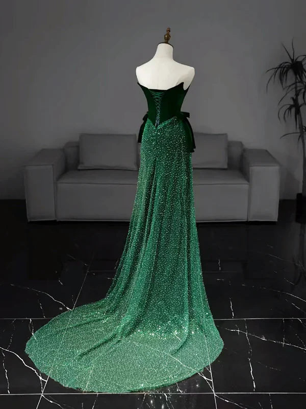 Luolandi Mermaid Tulle Velvet Green Long Prom Dress Strapless Evening Dress Off Shoulder Sparkly