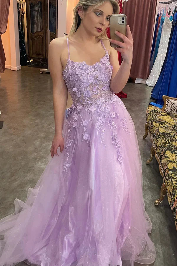 Luolandi Lilac Appliques Straps A-line Long Prom Dress Floor Length Beautiful
