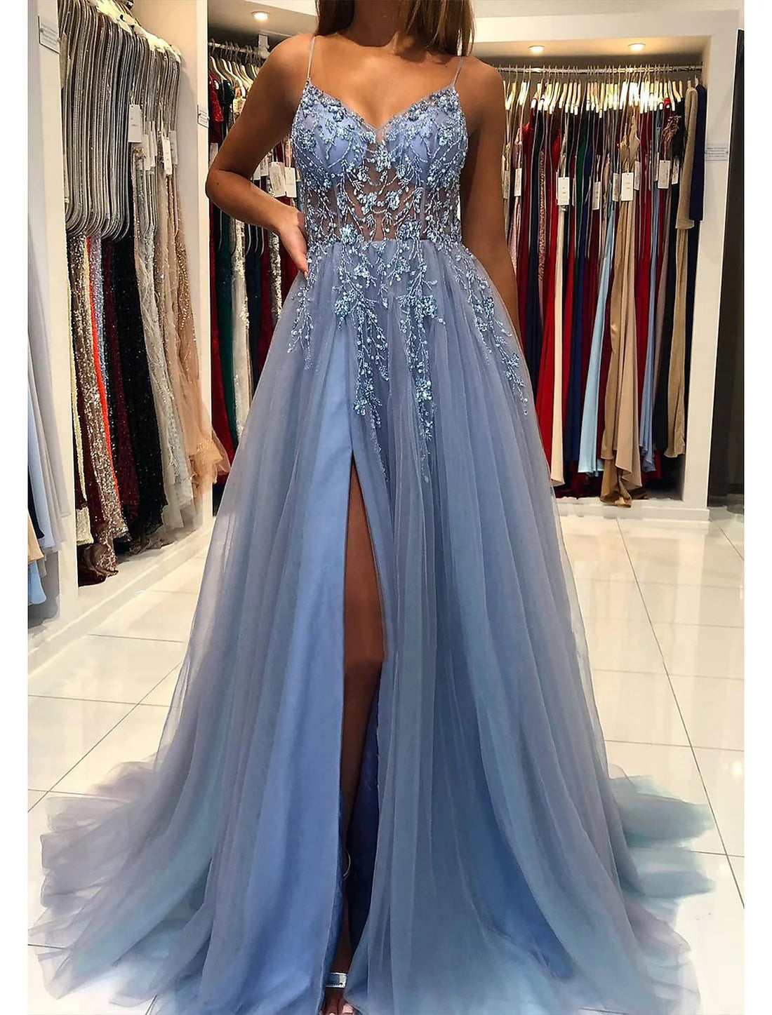 Luolandi A-Line Prom Party Dress Princess Dress Formal Prom Court Train Sleeveless V Neck Tulle with Beading And Slit