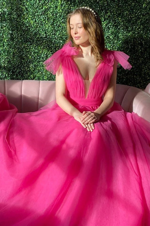 Luolandi Blue Plunge V Bow-Strap A-Line Long Prom Gown Solid Color Sexy Prom Dress