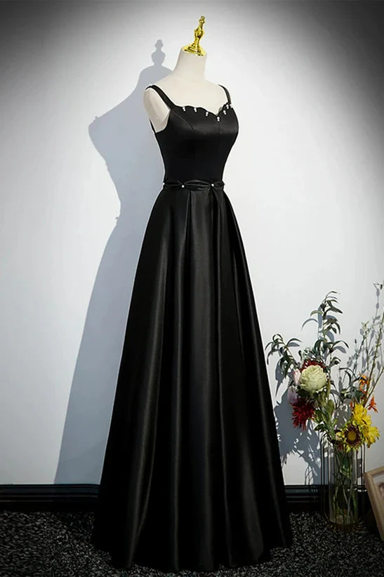 Luolandi A-line Black Satin Straps Long Formal Dress Simple Prom Dress Evening Dress