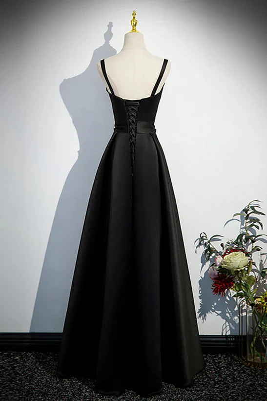 Luolandi A-line Black Satin Straps Long Formal Dress Simple Prom Dress Evening Dress