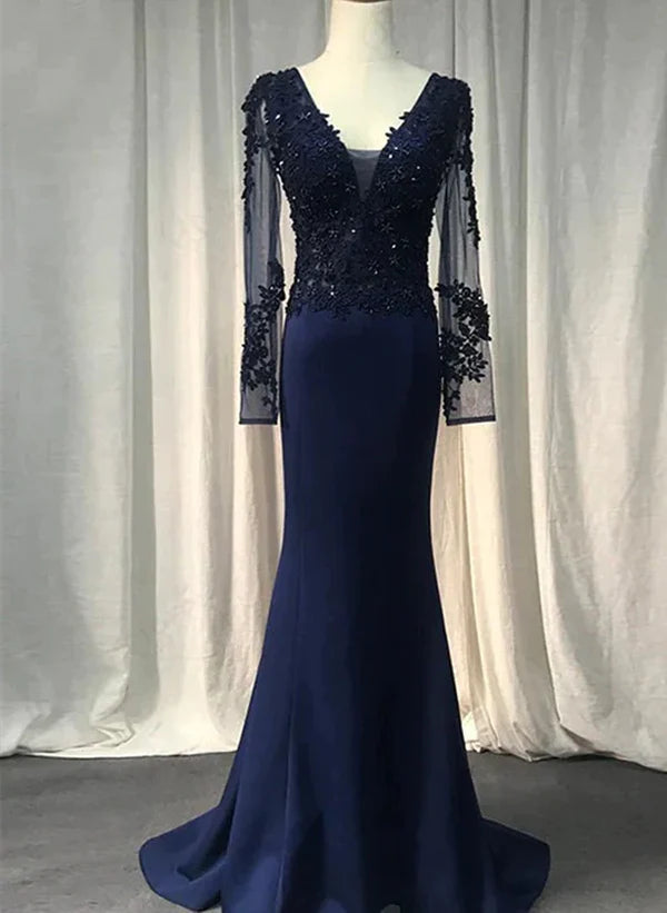 Luolandi Navy Blue Spandex Long Sleeves Mermaid Evening Dress Navy Blue Prom Dress Mother of the Bride Dress