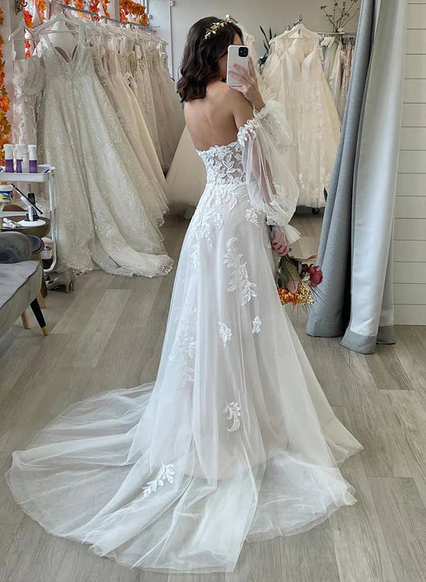 Luolandi Sweetheart A-Line Wedding Dresses With Long Sleeves Sweep Train Tulle Fabric And Appliques Lace Off Shoulder
