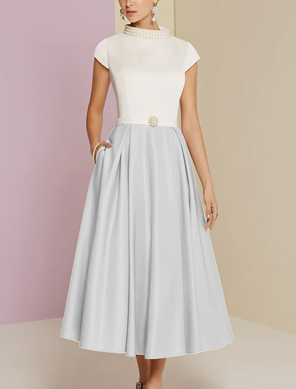 Luolandi A-Line Mother of the Bride Dress Wedding Guest Vintage Tea Length Satin Short Sleeve with Pearls Elegant