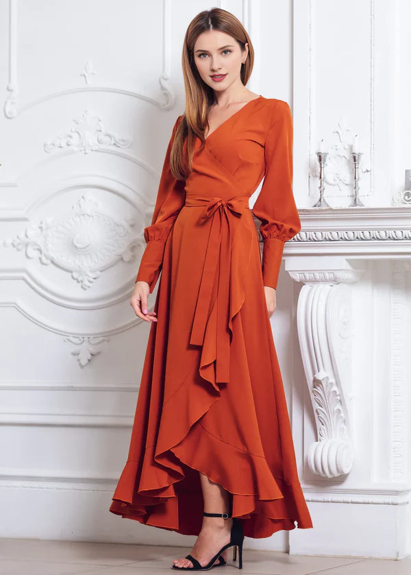 Luolandi Rust Orange Long Sleeves Wrap Dress Maxi Bridesmaid Dress Cocktail Dress Wedding Guest Dress Elegant