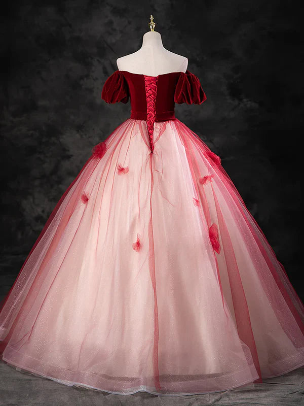 Luolandi Burgundy A-Line Tulle Long Prom Dress Formal Dress Ballgown Quinceanera Dress With Flowers