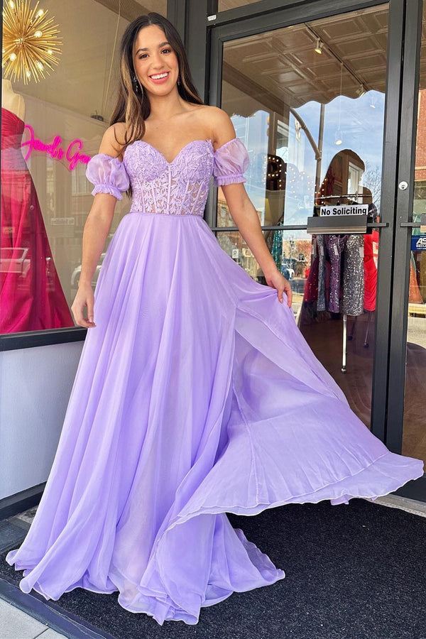 Luolandi A line Sweetheart Chiffon Prom Dress with Puff Sleeves Off Shoulder Floor Length