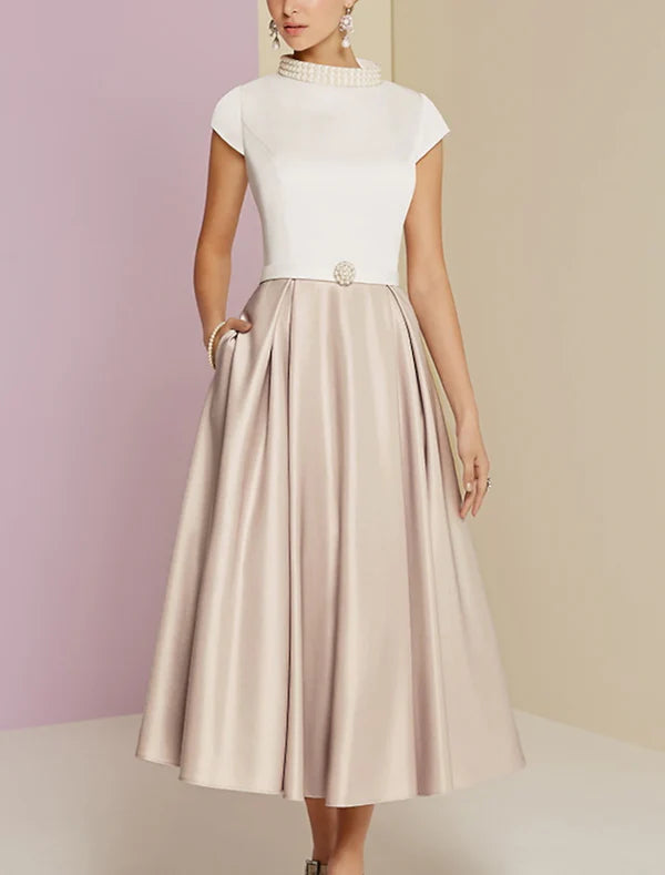 Luolandi A-Line Mother of the Bride Dress Wedding Guest Vintage Tea Length Satin Short Sleeve with Pearls Elegant