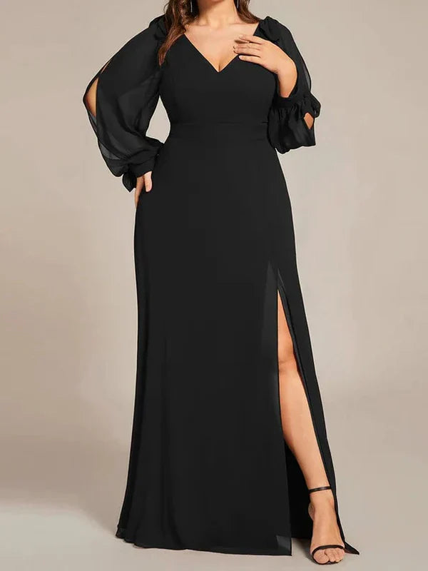 Luolandi Black A Line/Princess Long Sleeves Chiffon Floor-Length V Neck Bridesmaid Dress Party Dress