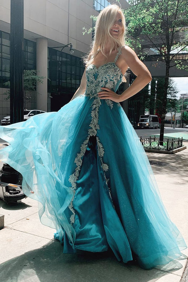 Luolandi Turquoise Tulle Floral Appliques Sweetheart A-Line Prom Gwon With Slit