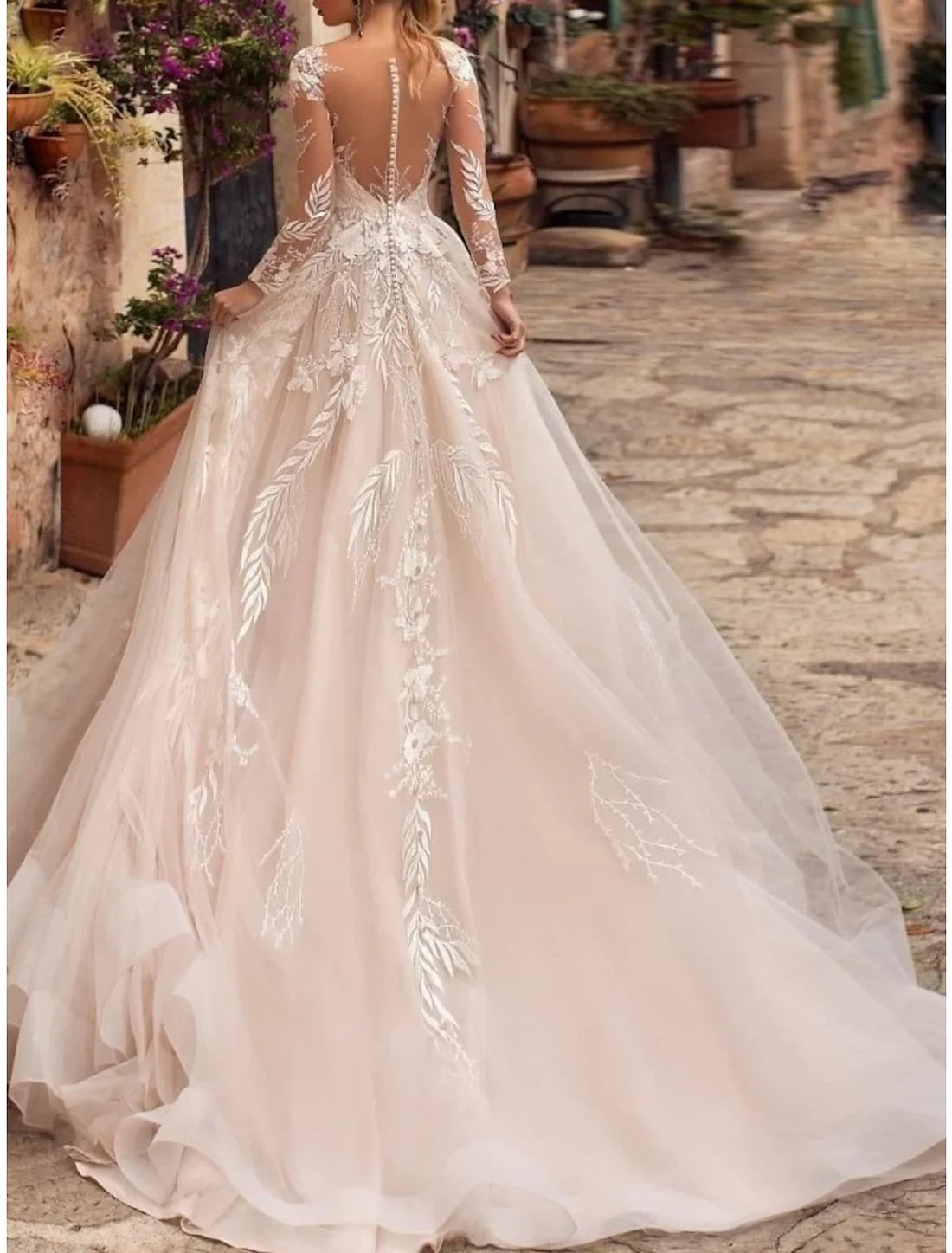 Luolandi Formal Wedding Dresses A-Line V Neck Long Sleeve Court Train Tulle Bridal Gowns With Pleats Appliques Beautiful