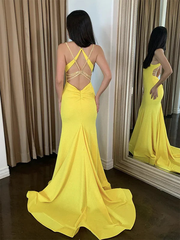 Luolandi Simple Backless Satin Yellow Long Prom Dress Evening Dress With Sweep Train Party Dress