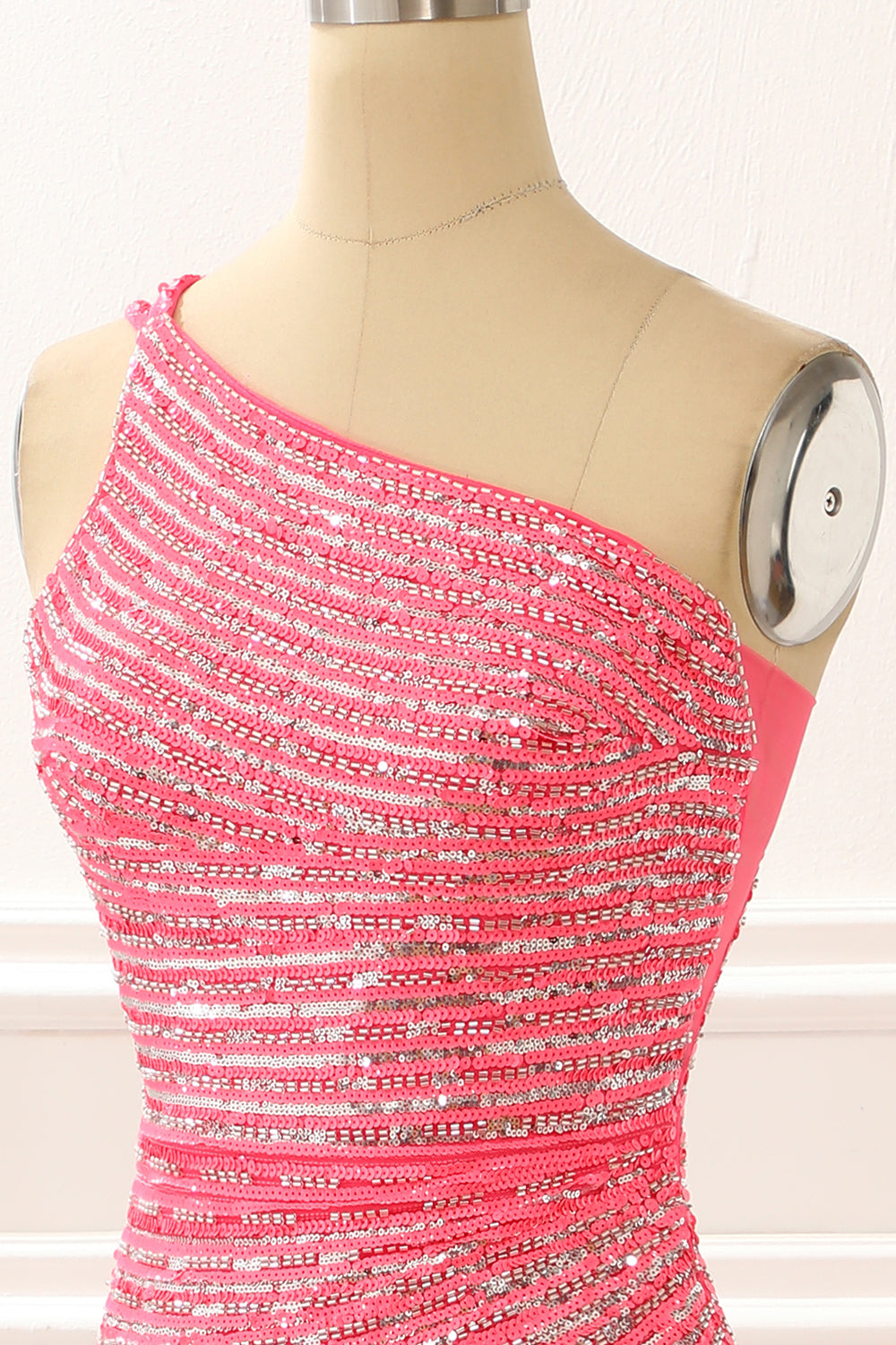 Luolandi One Shoulder Hot Pink Sparkly Long Prom Dress With Slit Evening Dress