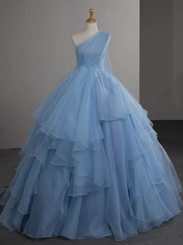 Luolandi Ball Gown One Shoulder Tulle Blue Ruffle Tiered Long Prom Dress Evening Dress Light Blue