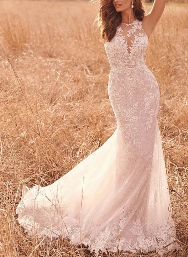 Luolandi Elegant Lace/Tulle Wedding Dresses With Trumpet/Mermaid Illusion Neck Floor Length Elegant