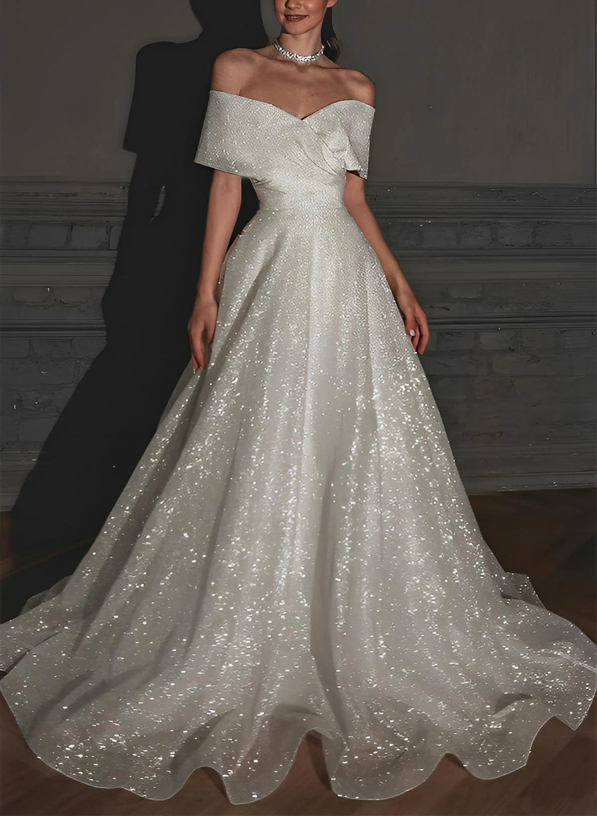 Luolandi Off-The-Shoulder Sleeveless A-Line Wedding Dress With Sweep Train And Sequin Detail Sparkly