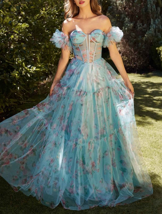 Luolandi Blue Floral Printed Party Dress Ball Gown Strapless Tulle Long Prom Dress Off Shoulder