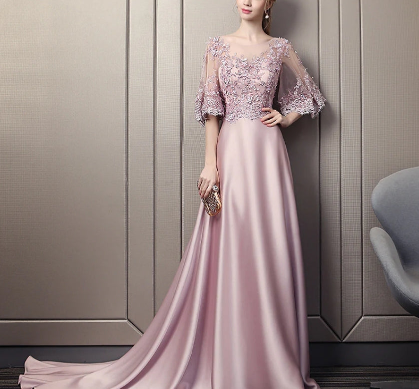 Luolandi Pink Soft Satin Long Party Dress with Lace Top A-line Pink Evening Dress Prom Dress Mother of the Bride Dress