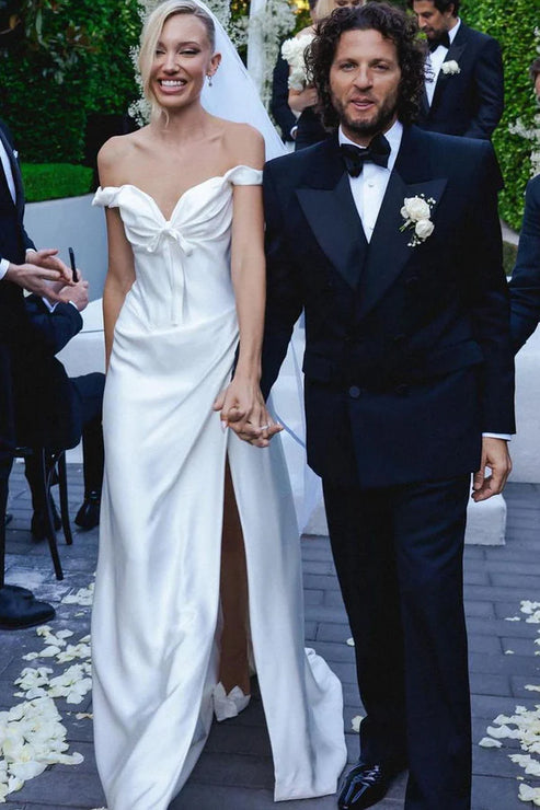 Luolandi A-Line Simple Off the Shoulder Satin Wedding Dresses With Slit Sexy