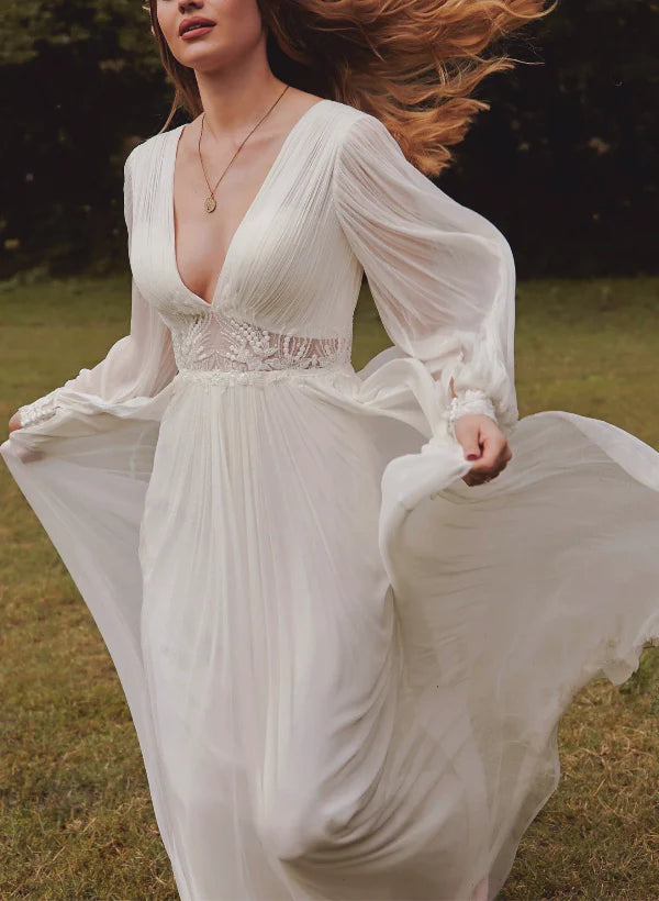 Luolandi Boho Lace Wedding Dress With V-Neck And Long Sleeves Floor Length Elegant