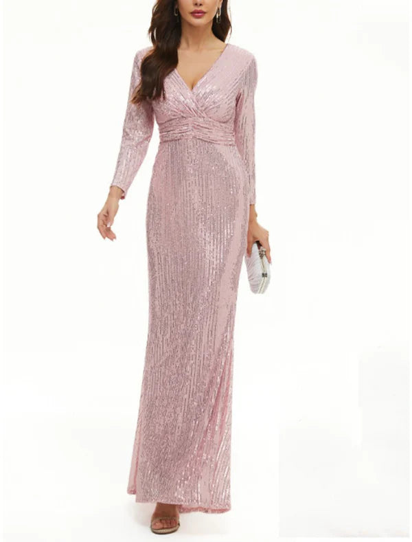 Luolandi Mermaid / Trumpet Mother of the Bride Dress Wedding Guest Party Sparkle & Shine V Neck Floor Length Sequined Long Sleeve with Ruching Evening Dress