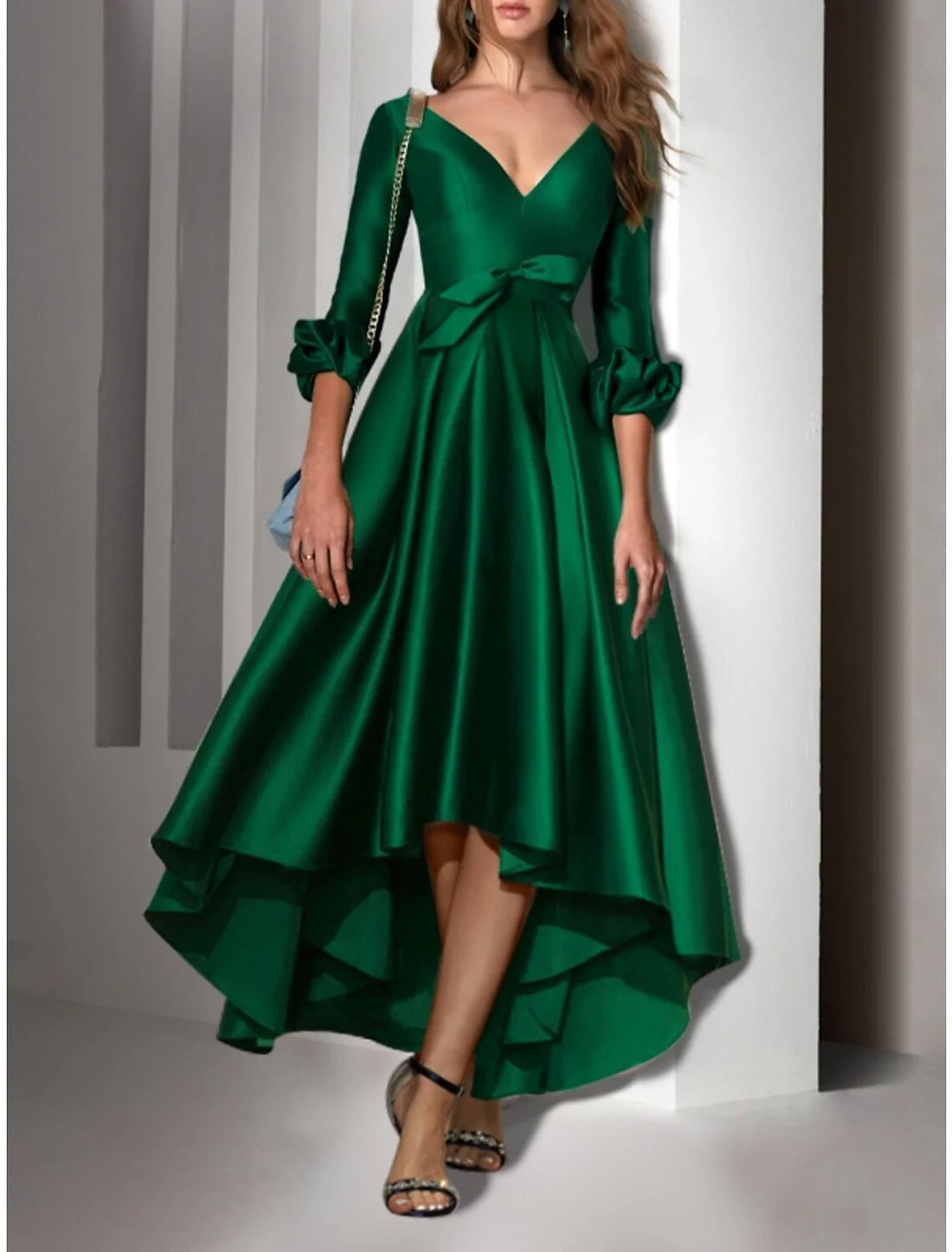 Luolandi A-Line Cocktail Dresses Elegant Dress Wedding Guest Birthday Asymmetrical 3/4 Length Sleeve V Neck Satin with Bow(s) Evening Dress