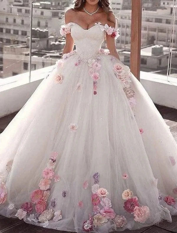 Luolandi Engagement Formal Wedding Dresses Ball Gown Off Shoulder Cap Sleeve Court Train Satin Bridal Gowns With Appliques Summer Fall Wedding Party With Flowers