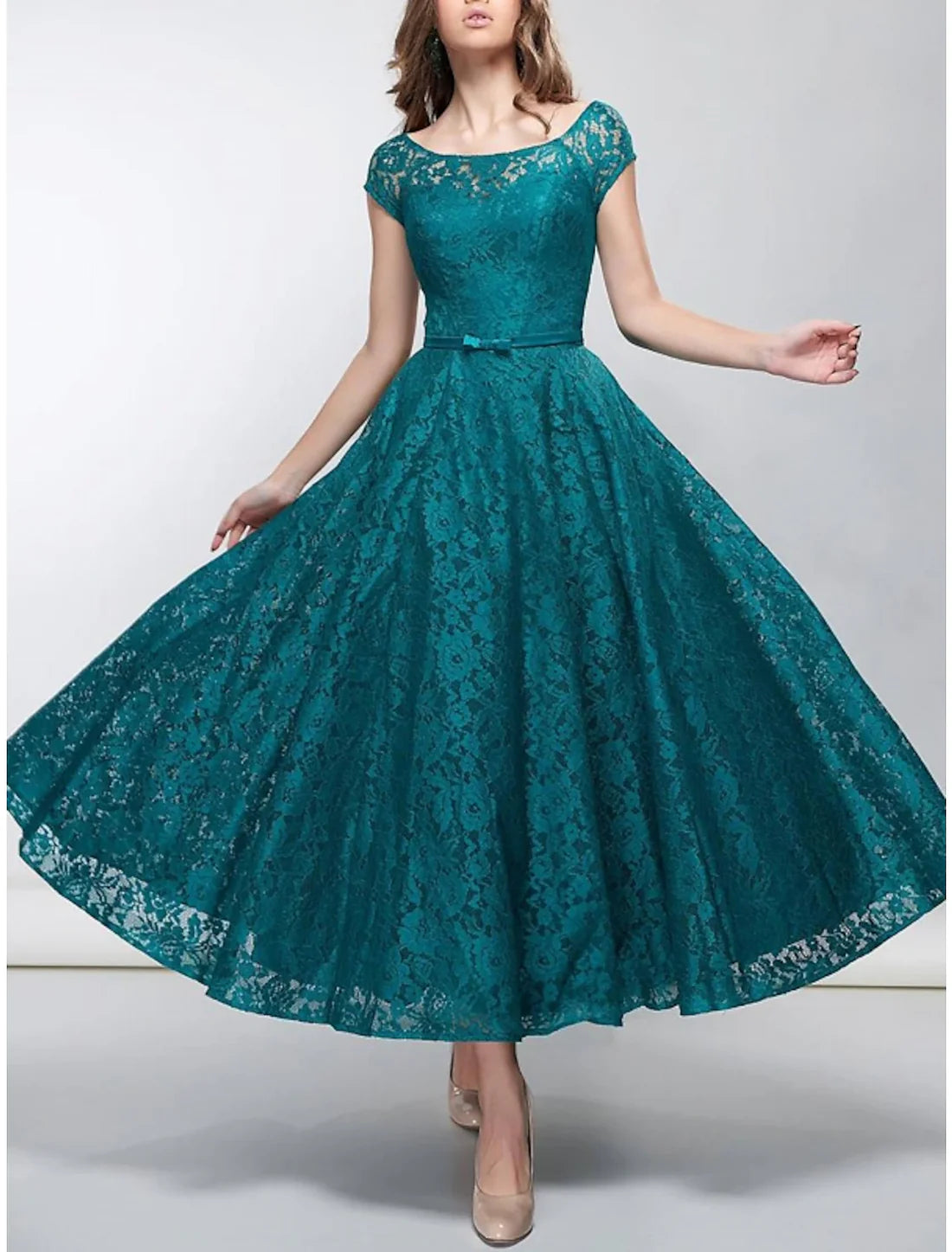 Luolandi A-Line Cocktail Party Dress Elegant Dress Formal Ankle Length Short Sleeve Scoop Neck Fall Wedding Reception Satin with Bow(s) Mother of the Bride Dress