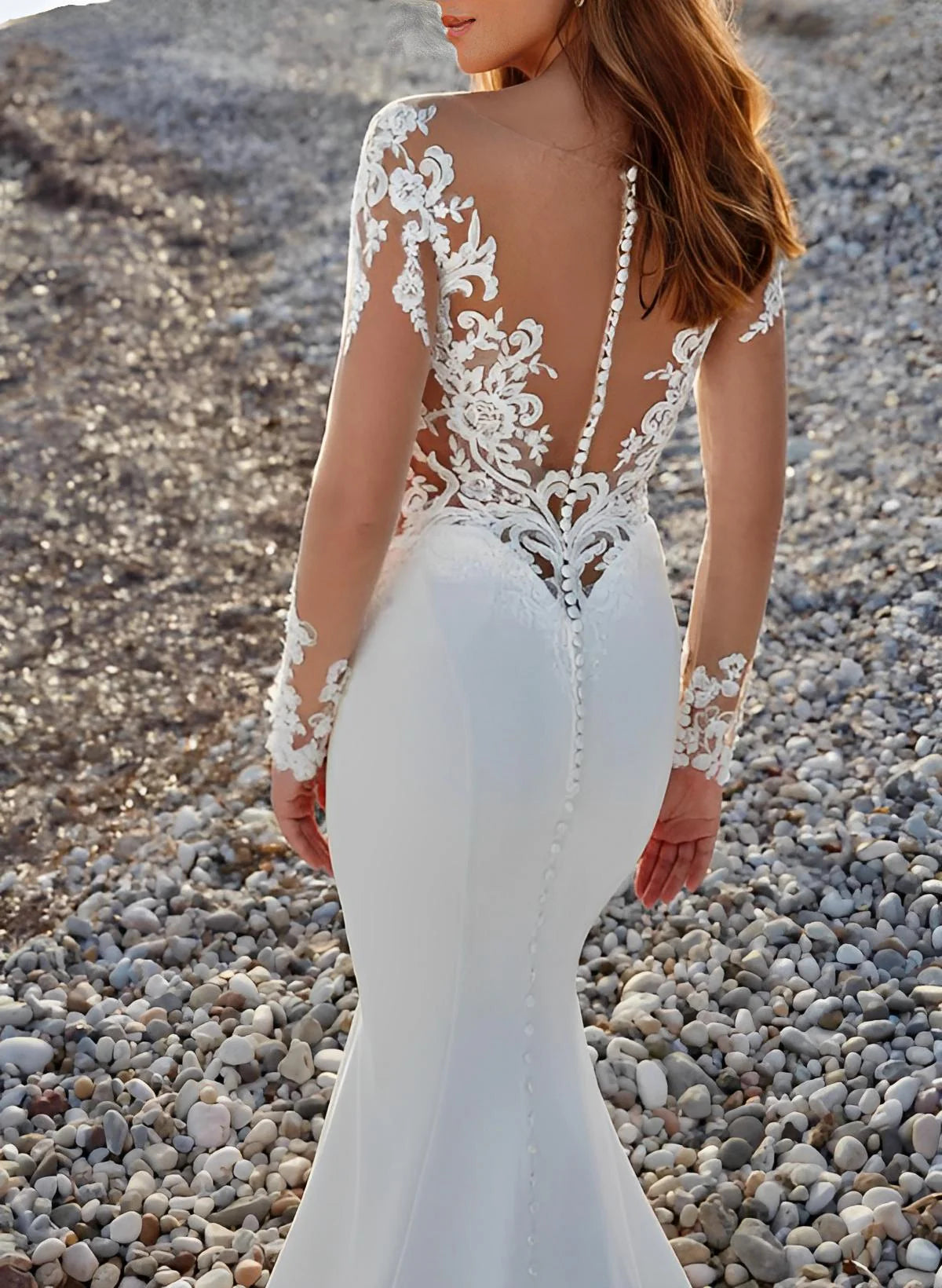 Luolandi Long Sleeves Court Train Lace/ Satin Wedding Dresses With Appliques Lace Elegant