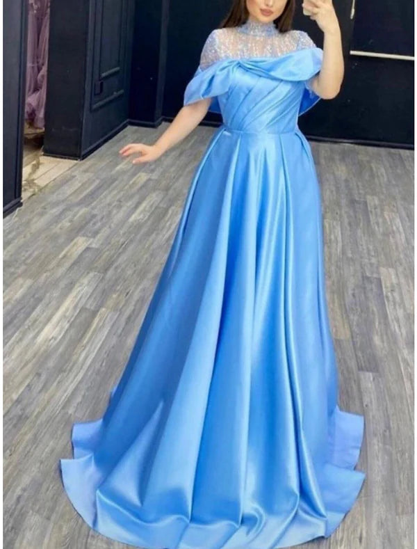 Luolandi A-Line Evening Gown Elegant Dress Formal Sweep / Brush Train Short Sleeve High Neck Satin with Pleats Crystals Sparkly