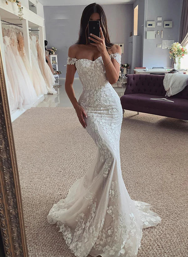 Luolandi Off-The-Shoulder Sleeveless Lace Wedding Dresses For Trumpet/Mermaid Floor Length Elegant