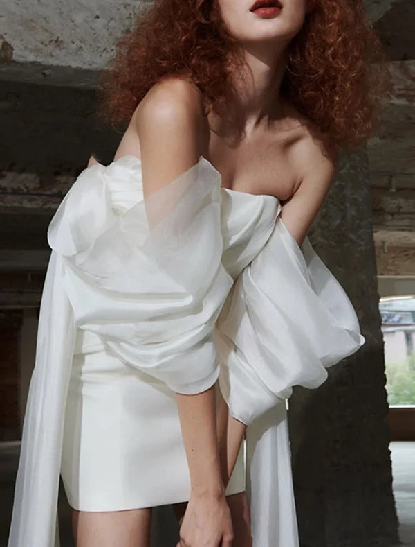 Luolandi Sheath / Column Homecoming Dresses Little Dress Party Wear Cocktail Party Short / Mini Half Sleeve Off Shoulder Tulle with Bow(s) Wedding Dress