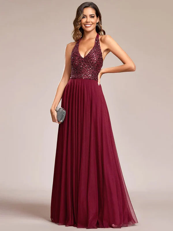Luolandi Sparkling Sequin Halter Neck A Line Tulle Evening Dress V-neck Sexy