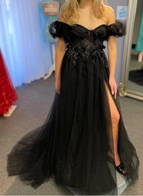 Luolandi Tulle 3D Floral Lace Sweetheart A-Line Prom Dress with Slit Sexy Evening Dress