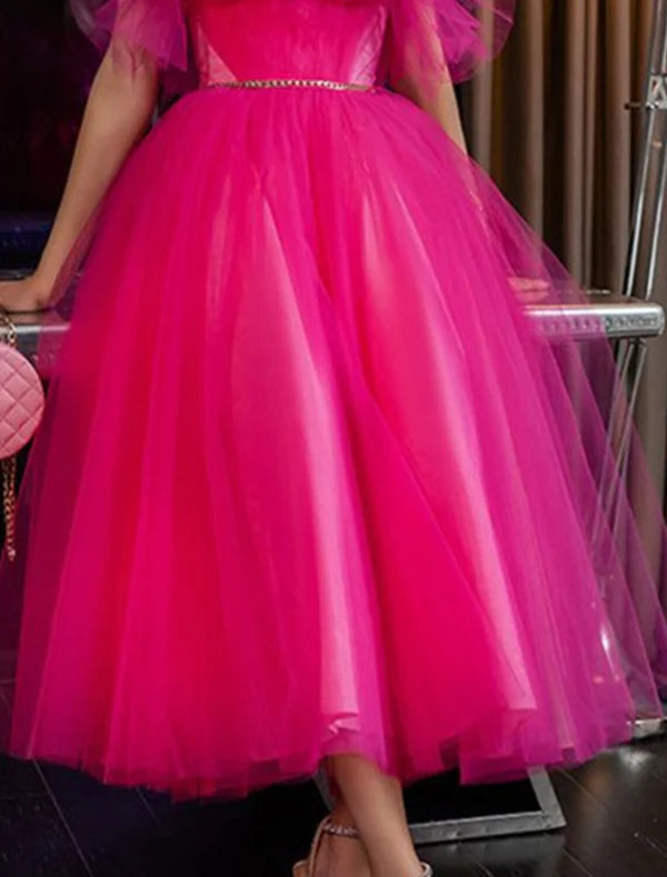 Luolandi A-Line Evening Gown Elegant Dress Wedding Guest Party Wear Tea Length Sleeveless Strapless Tulle with Pleats Prom Dress