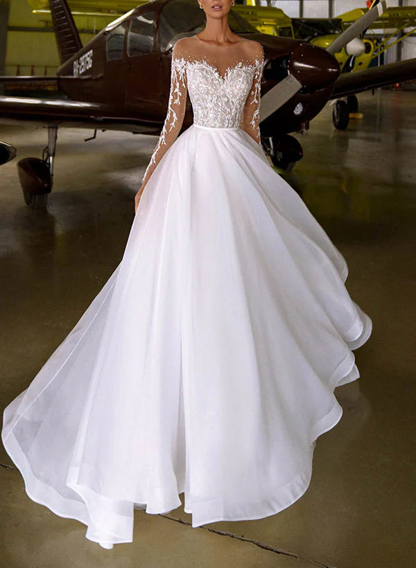 Luolandi Illusion Neck A-Line Wedding Dress With Beading Appliques Lace And Sweep Train Elegant