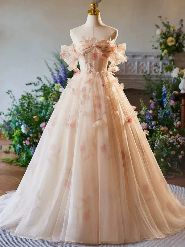 Luolandi A-Line Off Shoulder Tulle Champagne Long Prom Dress Formal Dress Quinceanera Dress Beautiful