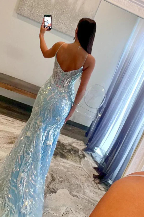 Luolandi Light Blue Sequins Appliques V Neck Long Prom Dresses Sleeveless Evening Dress