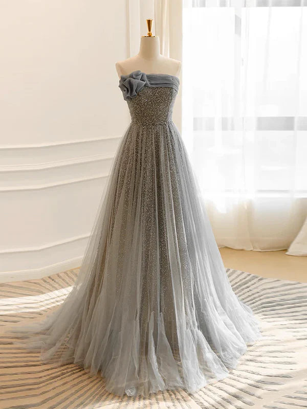 Luolandi A-Line Gray Tulle Sequin Long Prom Dress Formal Dress With Sweep Train Sparkly